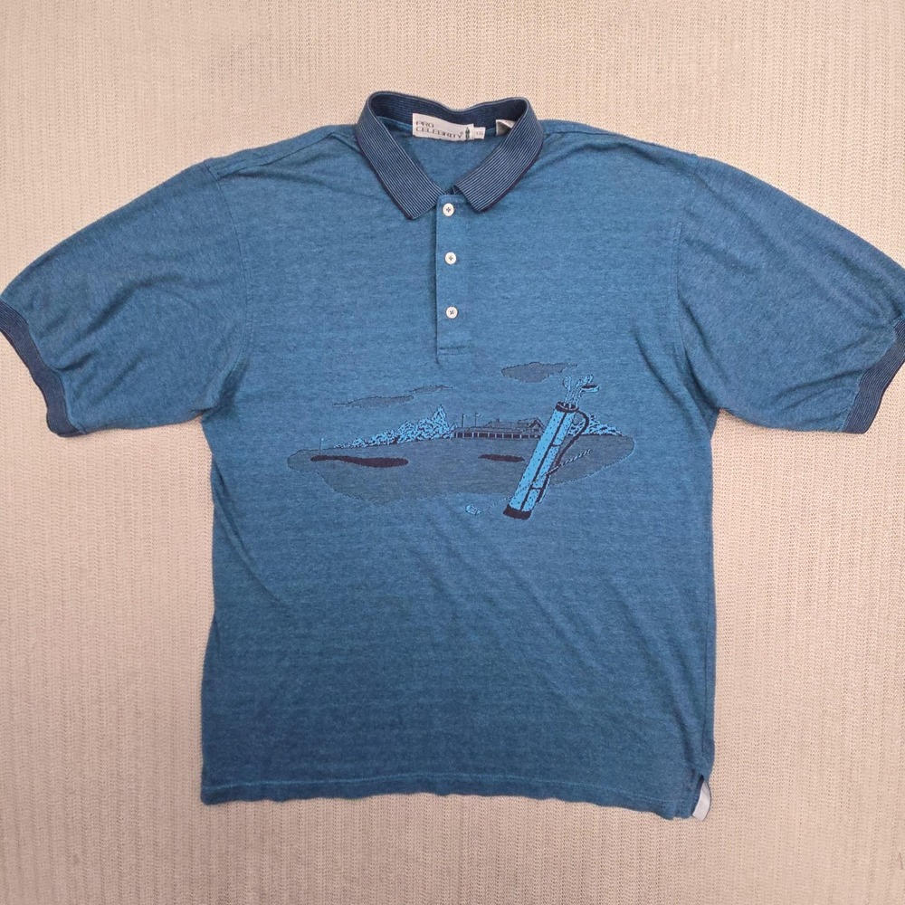 Vintage Pro Celebrity Polo Shirt Mens 2XL Blue Golf‎ Course Graphic Double Sided